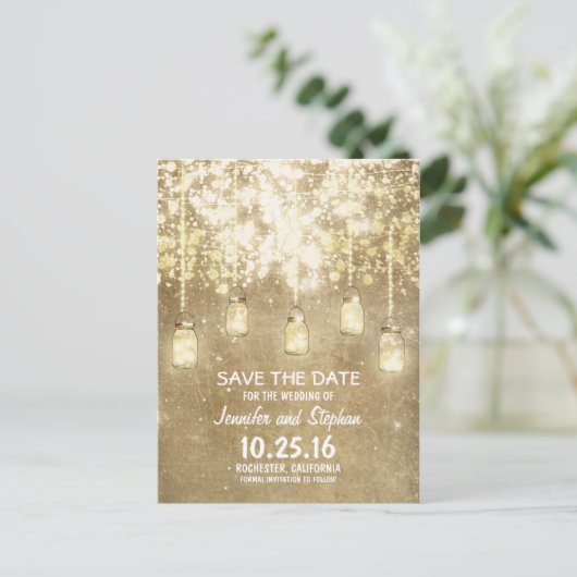 Romantische String Lights Mason Jars Sla de datum Aankondigingskaart (Staand voorkant)
