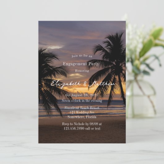 Romantische Sunset Beach Engagement Party Kaart (Staand voorkant)