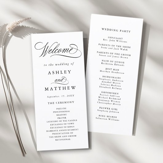 Romantische swirly kalligrafie bruiloft ceremonie programma