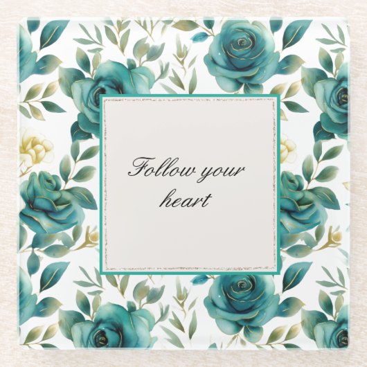 Romantische Teal Crème Roos Bloemige Bruiloft Fees Glazen Onderzetter (Voorkant)