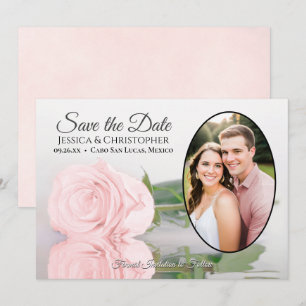 Romantische Trouwdatum met ovale foto en roze roos Save The Date