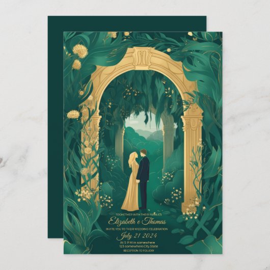 Romantische trouwuitnodiging Emerald Green en Gold Kaart (Voorkant / Achterkant)
