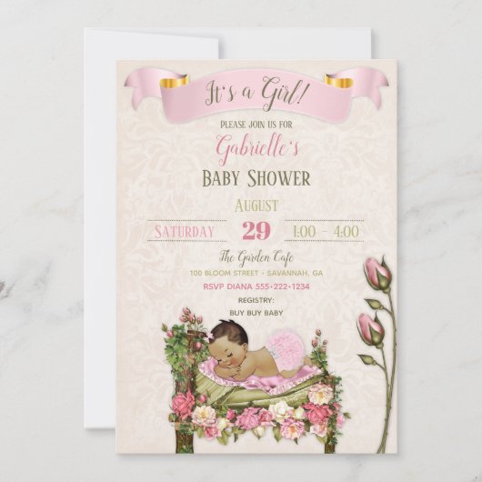 Romantische Tuin Baby shower Roze Groene Rozen Kaart (Voorkant)