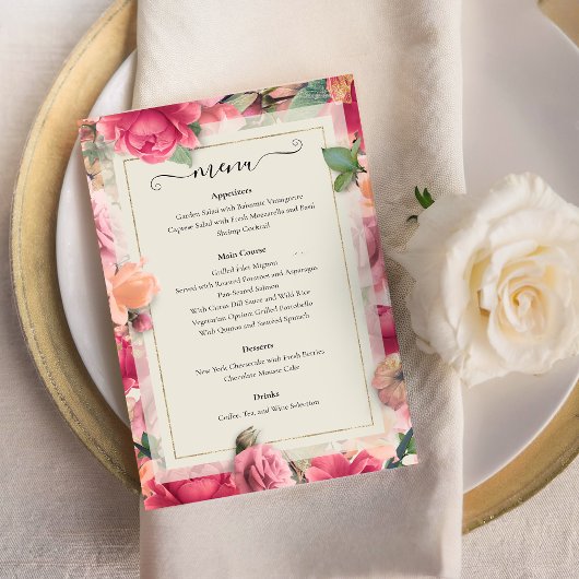 Romantische tuin Bright Floral Roos Wedding Menu