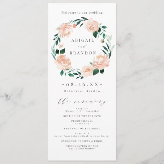 Romantische tuin perzik bloemenbruiloft programma (Voorkant)