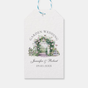Romantische Tuin Trouwen Bloemenboog Fontein Cadeaulabel