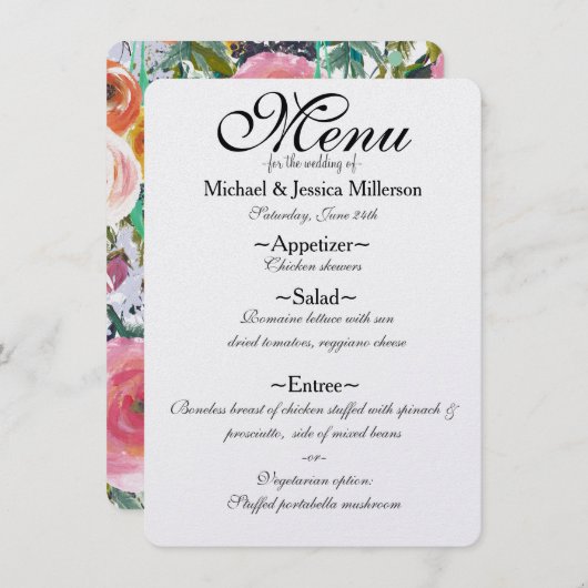 Romantische Tuin Waterverf Bloemen Bruiloft Menu (Voorkant / Achterkant)