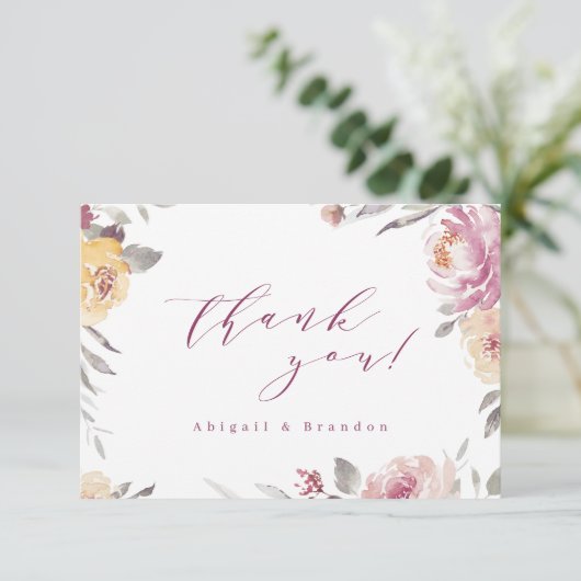 Romantische tuinmauve bloembruiloft bedankkaart (Staand voorkant)