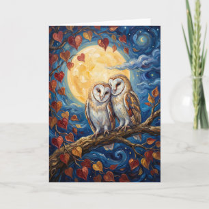 Romantische Uil Maanschein Schilderij Feestdagen Kaart