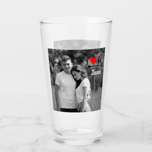 Romantische Valentijn Paar Foto I Red Heart U Naam Glas (Voorkant)