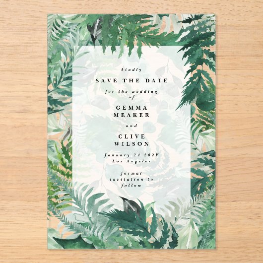 Romantische varens bladgroen Save the Date Acryl Uitnodigingen (Voorkant)