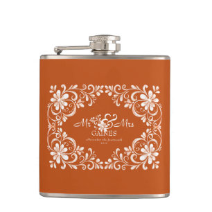 Romantische verbrande oranje Mr & Mrs trouwfles Heupfles