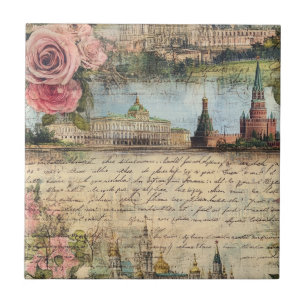 Romantische Vintage Architectuur & Rozen Collage K Tegeltje