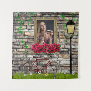 Romantische Vintage Fiets Bloem Foto voor Haar Wandkleed