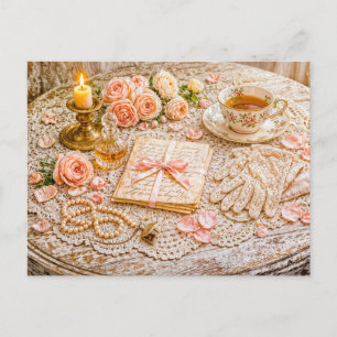 Romantische vintage stilleven met thee, rozen en L Briefkaart