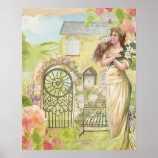 ROMANTISCHE VINTAGE TUIN VROUW IN HET HUISJE POSTER