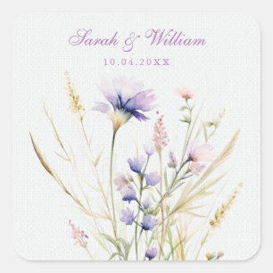 Romantische violette bloemenbruiloft vierkante sticker