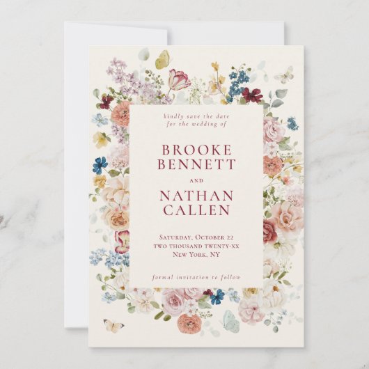 Romantische vlinder Bloemen Lijst bruiloft Save The Date (Voorkant)