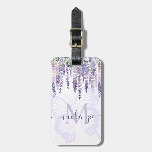 Romantische Vlinder & Wisteria Monogram Script Naa Bagagelabel (Voorkant verticaal)