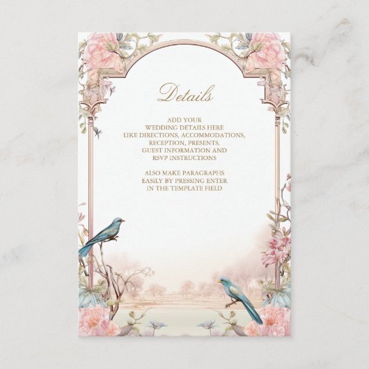 Romantische Vogels Blush Roze Bloemen Bruiloft Informatiekaartje (Voorkant)
