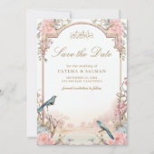 Romantische Vogels Blush Roze Bloemen Moslim Bruil Save The Date (Voorkant)