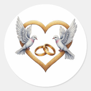 Romantische vogels met hartvorm, trouwringen ronde sticker