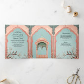 Romantische Vogels Roze Gazebo Indiaas Paleis Brui Drieluik Uitnodiging (Binnen)