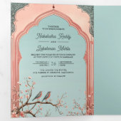 Romantische Vogels Roze Gazebo Indiaas Paleis Brui Drieluik Uitnodiging (Binnenzijde eerst)