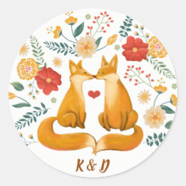 Romantische vossen en rustieke bloemblaadjes bruil ronde sticker