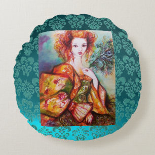 ROMANTISCHE VROUW MET EEN SPARKERPIEGEL VERDER Bla Rond Kussen