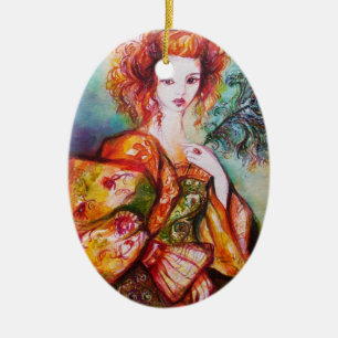 ROMANTISCHE VROUW MET GLINSTERENDE PAUWENVEER KERAMISCH ORNAMENT