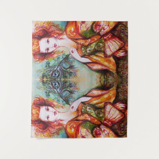 ROMANTISCHE VROUW MET GLINSTERENDE PAUWENVEER WANDKLEED (Voorkant)