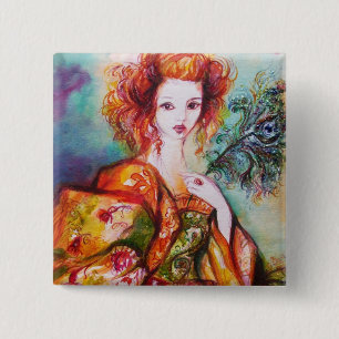 ROMANTISCHE VROUW MET PAUWEENVEER VIERKANTE BUTTON 5,1 CM