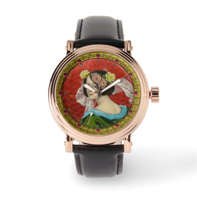 ROMANTISCHE VROUW MET STROMEN  ENAMEL HORLOGE (Voorkant)