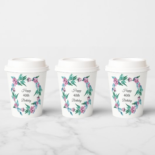Romantische Vrouwelijke Bloemen 40e Verjaardag Papieren Bekers (Multi)