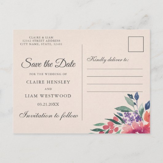 Romantische Waterverf Bewaar de datum Aankondigingskaart (Achterkant)