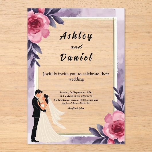 Romantische Waterverf Bloemenbruid en bruidegom br Acryl Uitnodigingen (Voorkant)