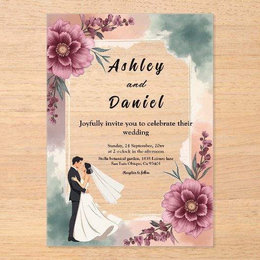 Romantische Waterverf Bloemenbruid en bruidegom br Acryl Uitnodigingen (Voorkant)
