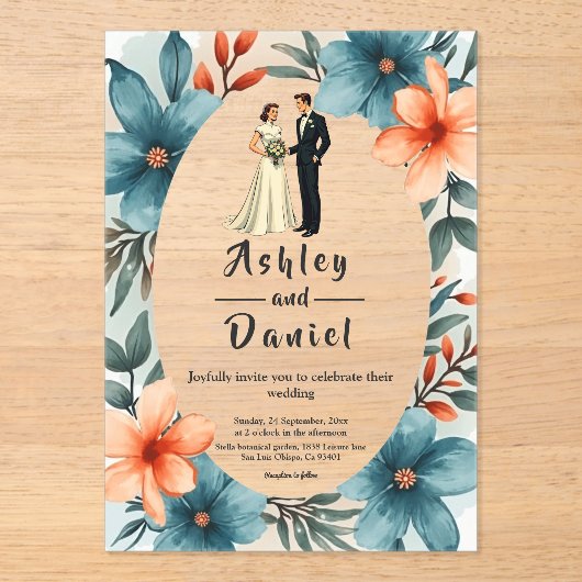 Romantische Waterverf Bloemenbruid en bruidegom br Acryl Uitnodigingen (Voorkant)