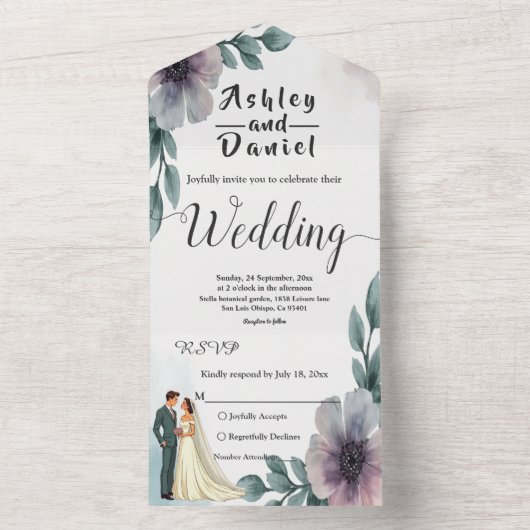 Romantische Waterverf Bloemenbruid en bruidegom br All In One Uitnodiging (Binnen)