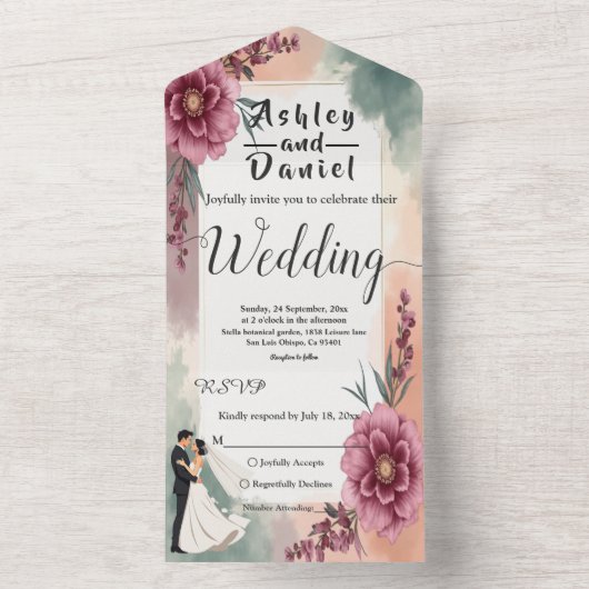 Romantische Waterverf Bloemenbruid en bruidegom br All In One Uitnodiging (Binnen)