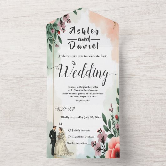 Romantische Waterverf Bloemenbruid en bruidegom br All In One Uitnodiging (Binnen)