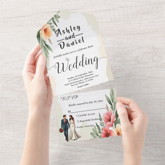 Romantische Waterverf Bloemenbruid en bruidegom br All In One Uitnodiging (Afscheurbaar)