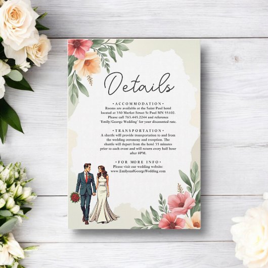 Romantische Waterverf Bloemenbruid en bruidegom br Informatiekaartje