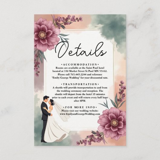 Romantische Waterverf Bloemenbruid en bruidegom br Informatiekaartje (Voorkant)