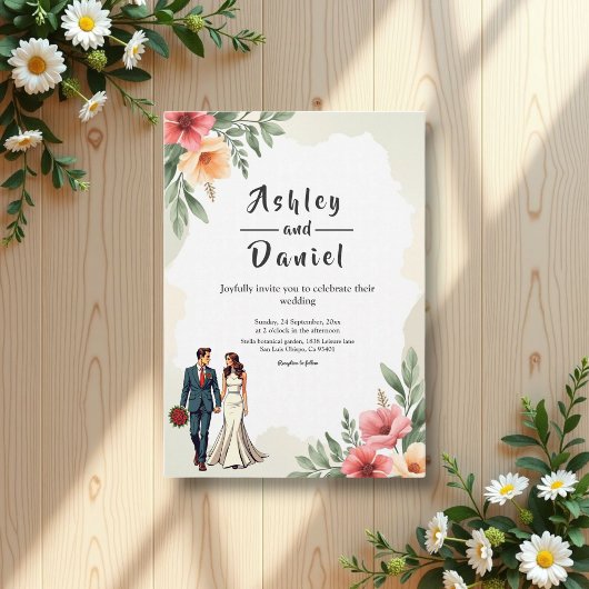 Romantische Waterverf Bloemenbruid en bruidegom br Kaart