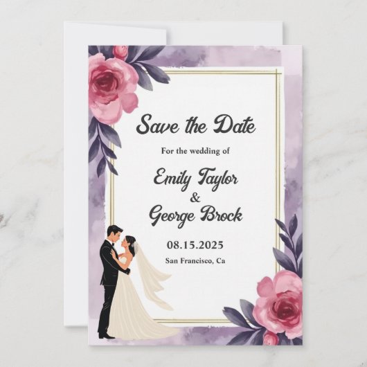 Romantische Waterverf Bloemenbruid en bruidegom br Save The Date (Voorkant)