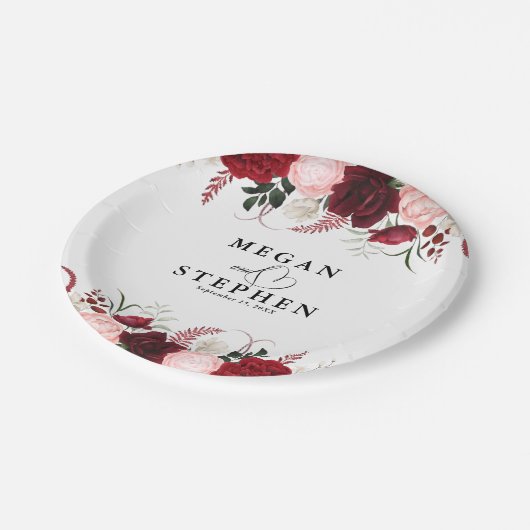 Romantische Waterverf Bourgogne Bloemen Trouwpapie Papieren Bordje (Gekanteld)