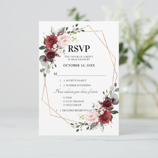 Romantische Waterverf Burgundy Floral Geometric RSVP Kaartje (Staand voorkant)