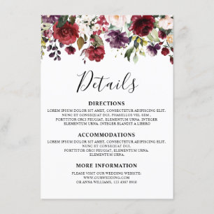 Romantische Waterverf Burgundy Red Blush Roos Flor Informatiekaartje